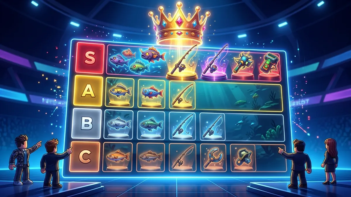 Fish It Tier List showing the best rods, bobbers, and enchantments ranked from S to D tier