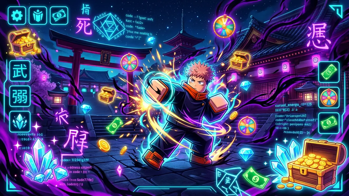 Jujutsu Shenanigans codes showing free spins and Yen rewards
