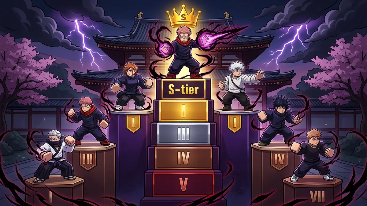 Jujutsu Shenanigans tier list showing all characters ranked from S to D tier