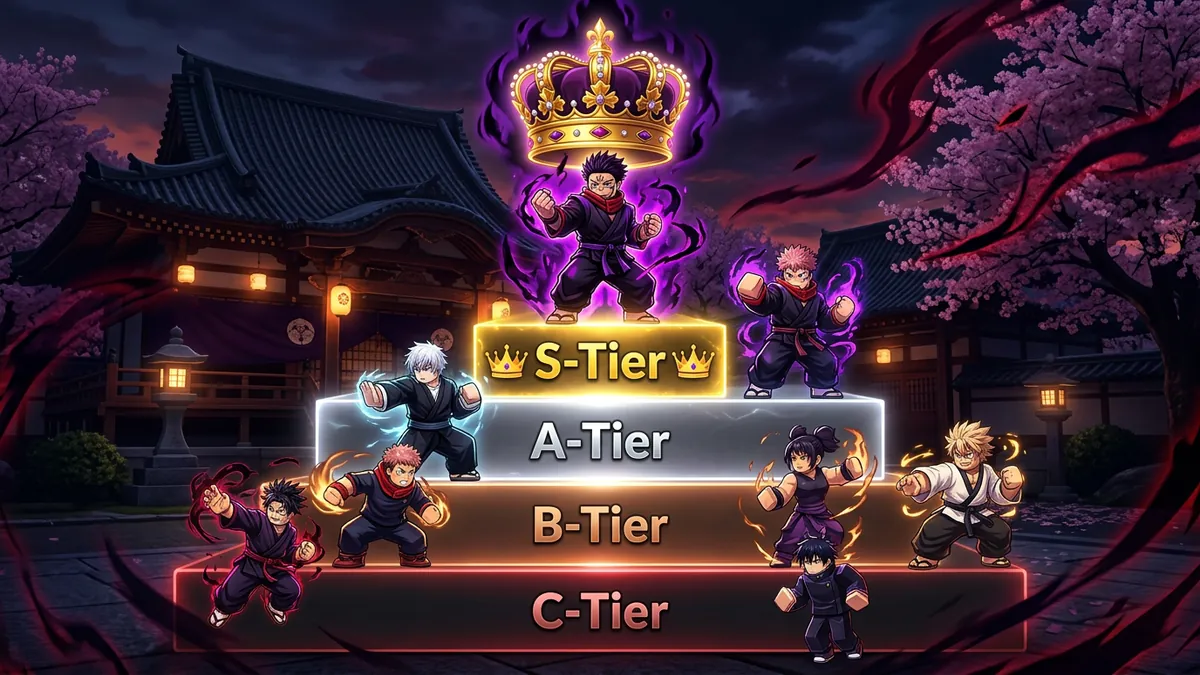 Jujutsu Shenanigans tier list 2026 showing all characters ranked from S to D tier